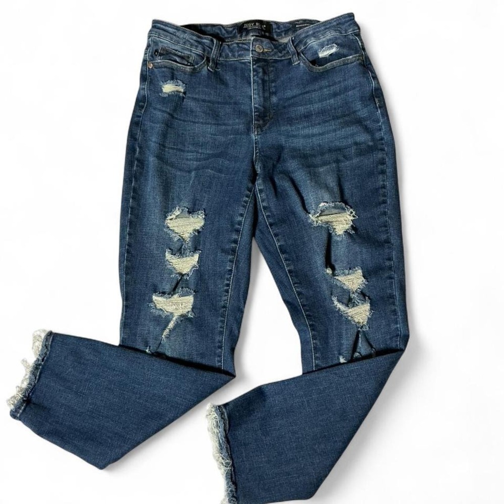 Judy Blue Boyfriend Fit Distressed Ripped Raw Hem Jeans Womens Size 11 30